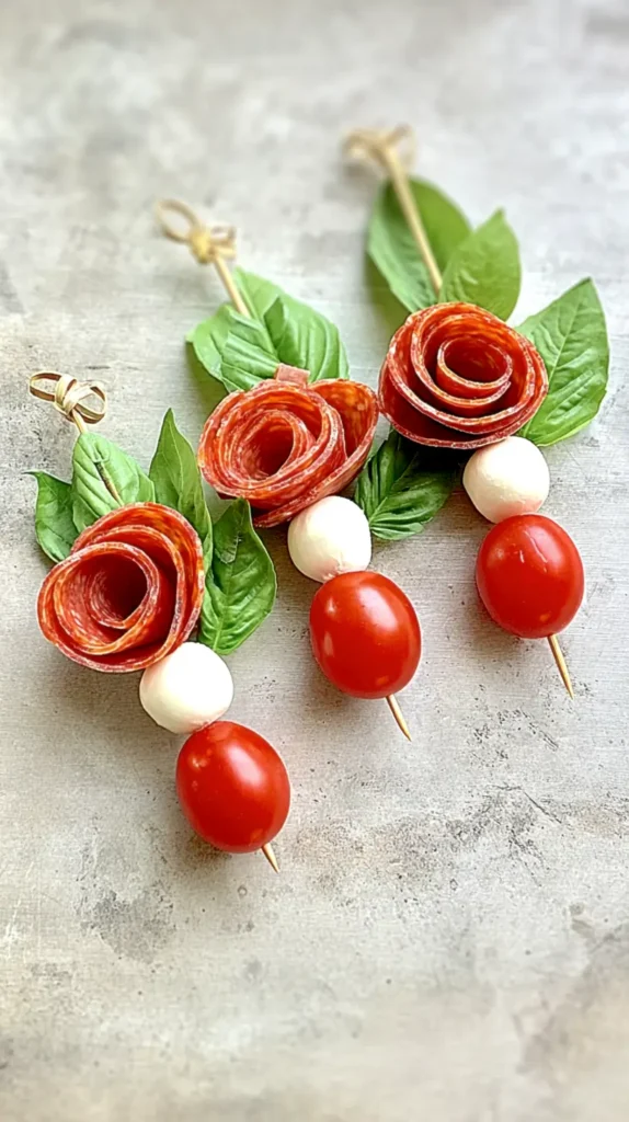 hyper-realistic photo of crisp bright natural lighting, minimal shadows, photographed on a clean white tabletop with a soft neutral kitchen background, featuring three charcuterie skewers laid flat, each skewer built with a tightly rolled pepperoni rose at the top, followed by fresh basil leaves, smooth white mozzarella balls, and shiny red cherry tomatoes, all ingredients true-to-scale with visible texture details, shot at a slight overhead angle