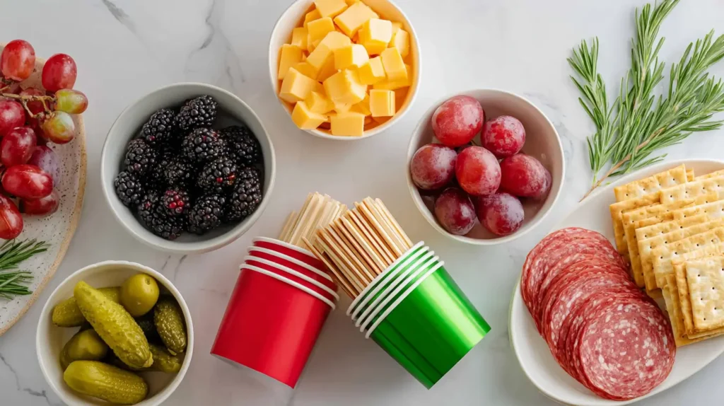 Ingredients in the kitchen: salami, grapes, cheese