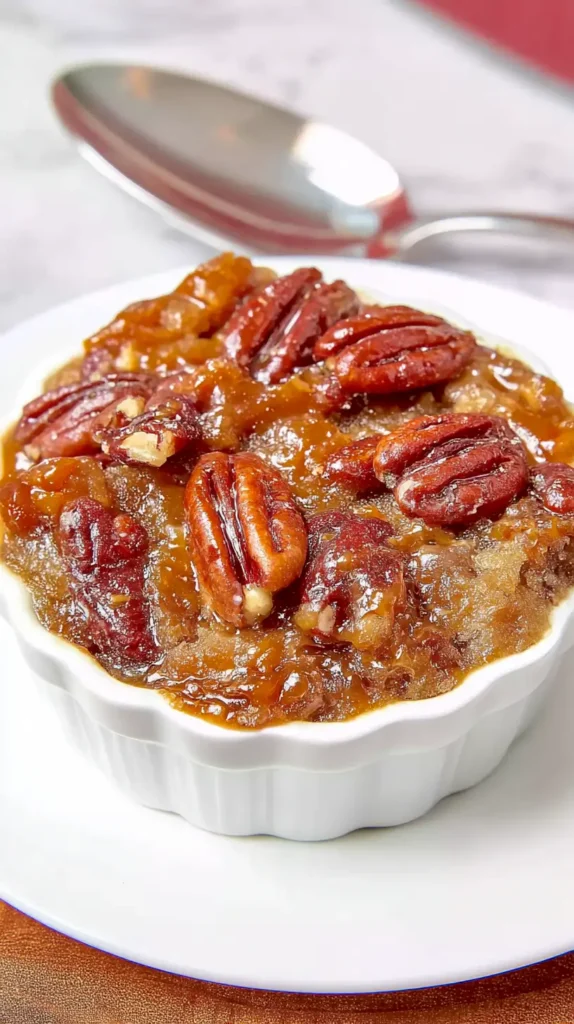 pecan pie cobbler in a white dish