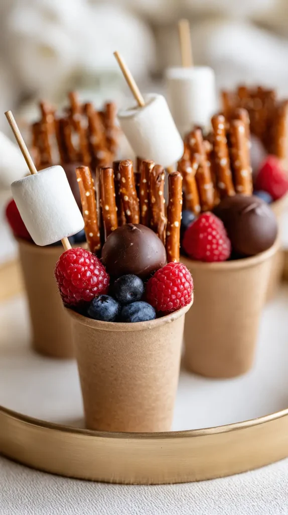 Elegant tall charcuterie cups made from brown kraft paper, filled with thin pretzel sticks, several jumbo marshmallows on a wooden skewer, raspberries, a chocolate truffle, and blueberries, arranged neatly on a round gold serving tray, soft natural daylight, cozy home background, crisp studio lighting, bright neutral tones, shallow depth of field