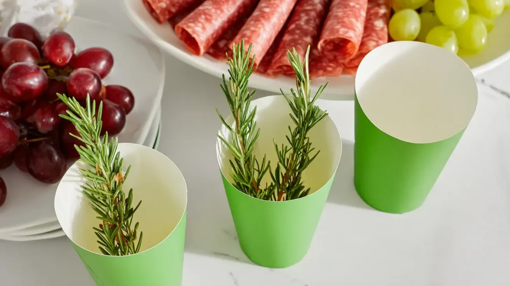 green paper cups, sprig of rosemary inside, other ingredients surrounding