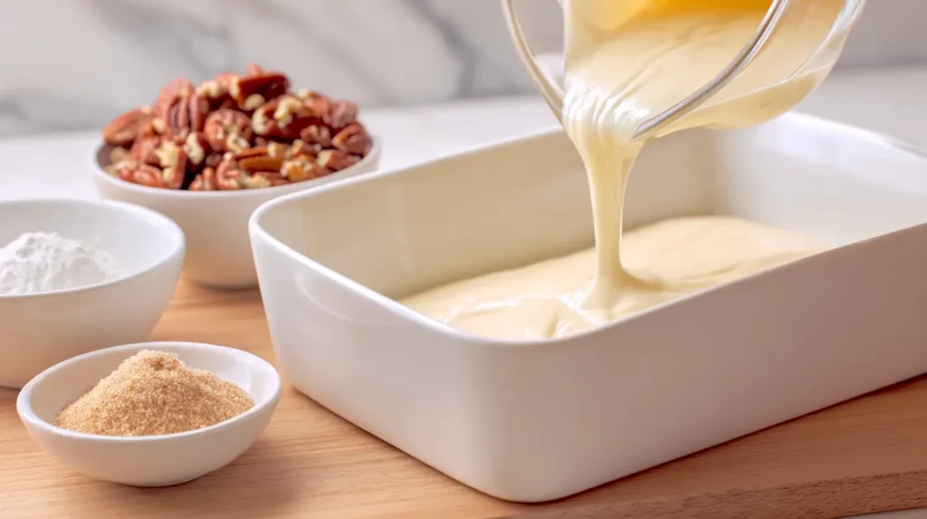 preparing pecan pie cobbler in the kitchen