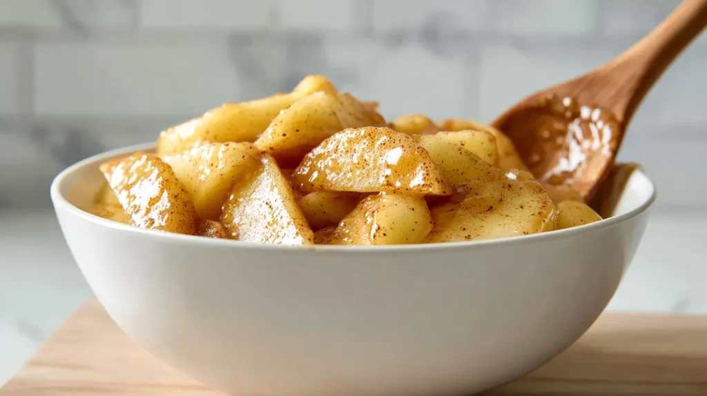 wooden spoon mixing apples and spices