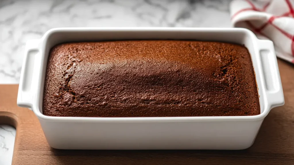 gingerbread cake in a white pan
