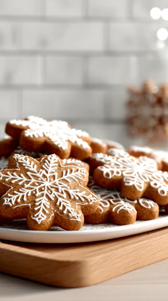 snowflake shaped and decorated gingerbread cookies