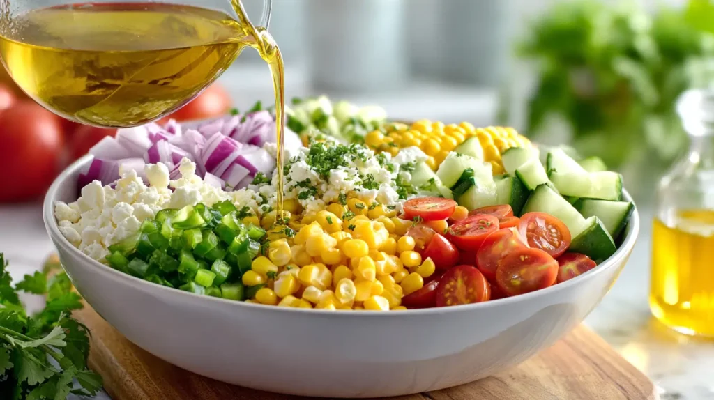 pouring oil dressing on the ingredients in the bowl