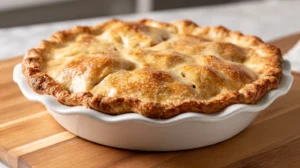 full apple pie in a white baking pie pan