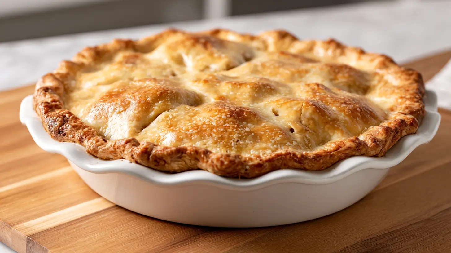 full apple pie in a white baking pie pan