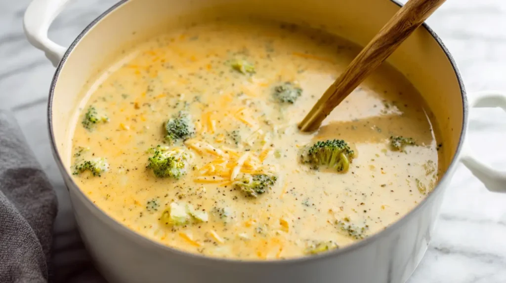 broccoli cheddar soup in a pot with a ladle