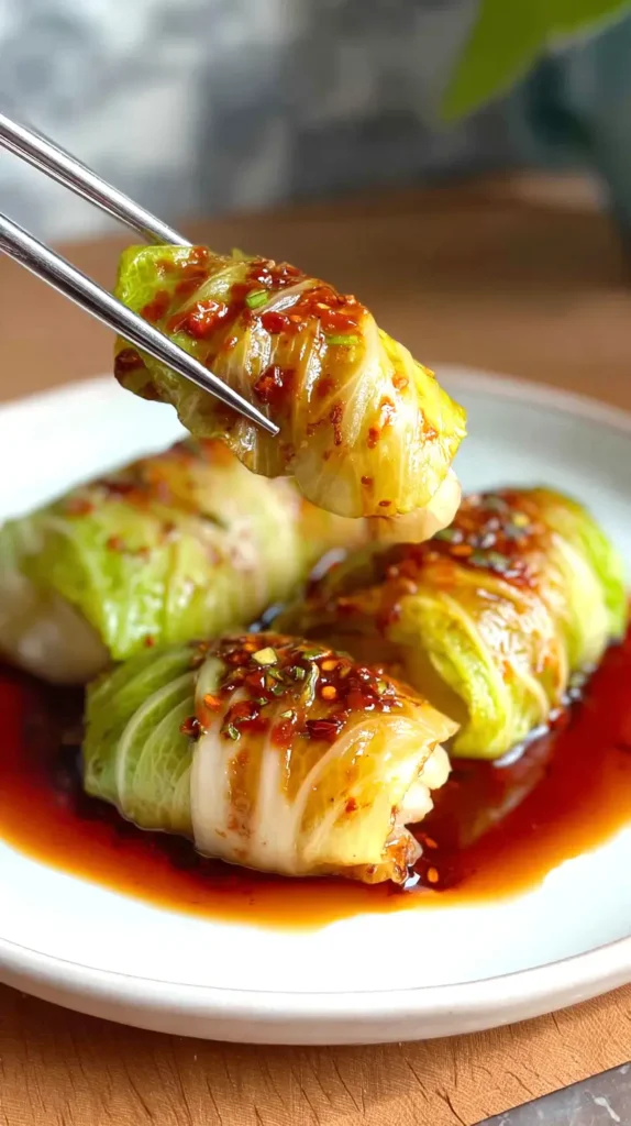 one cabbage dumpling in sauce being lifted