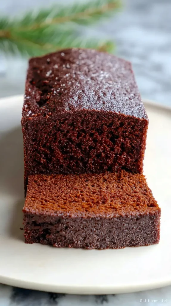 slice of gingerbread cake leaning to the front of the cake loaf