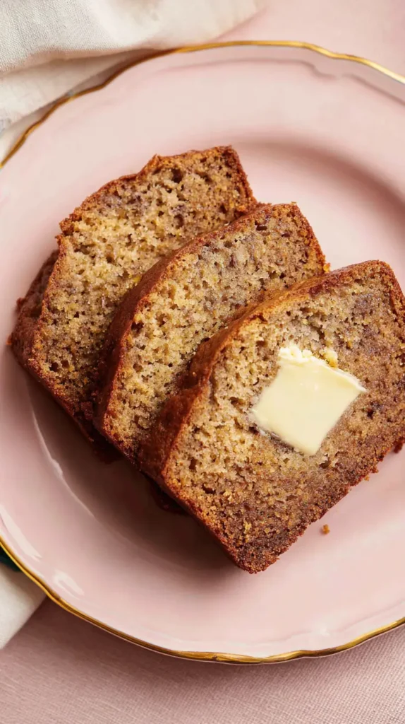 maple banana bread slices on a plate with a pat of butter