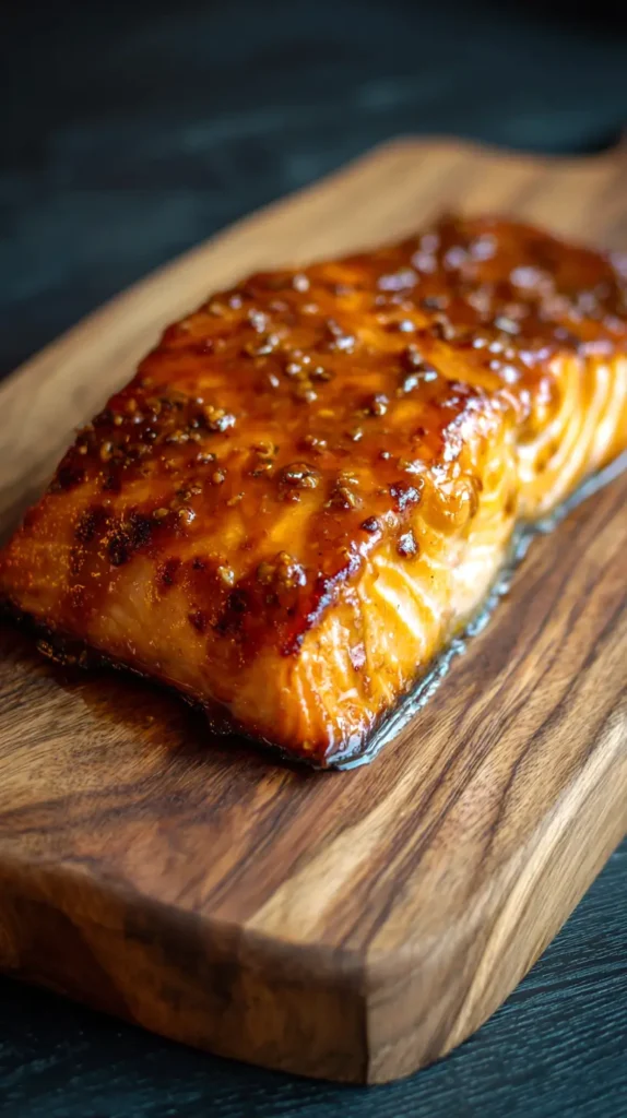 maple glazed salmon on a wooden cutting board