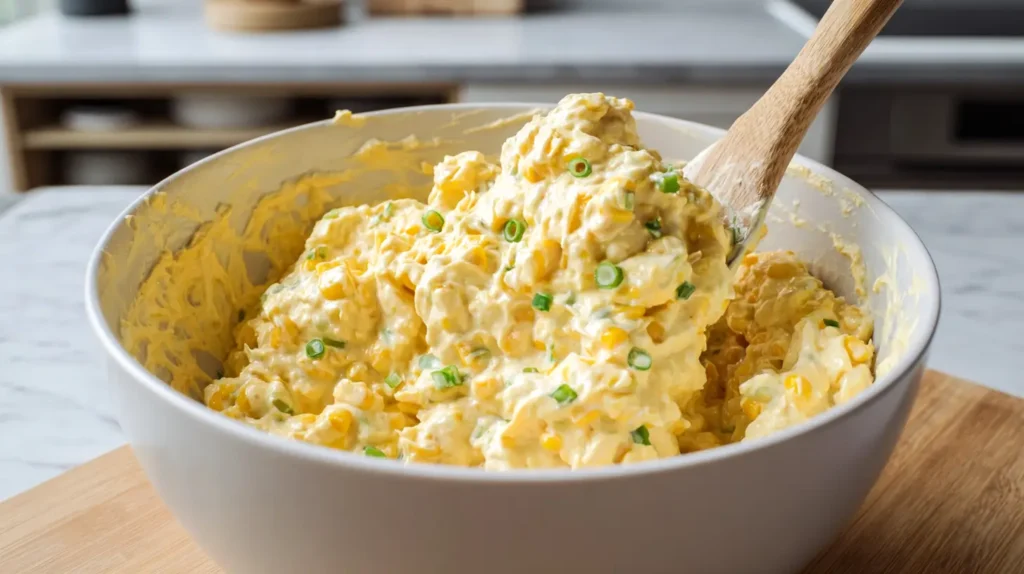 mixing ingredients in the bowl with wooden spoon