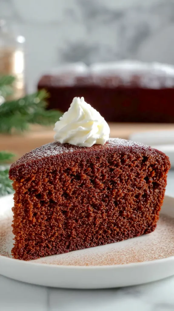 slice of gingerbread cake with dollop of whipped cream