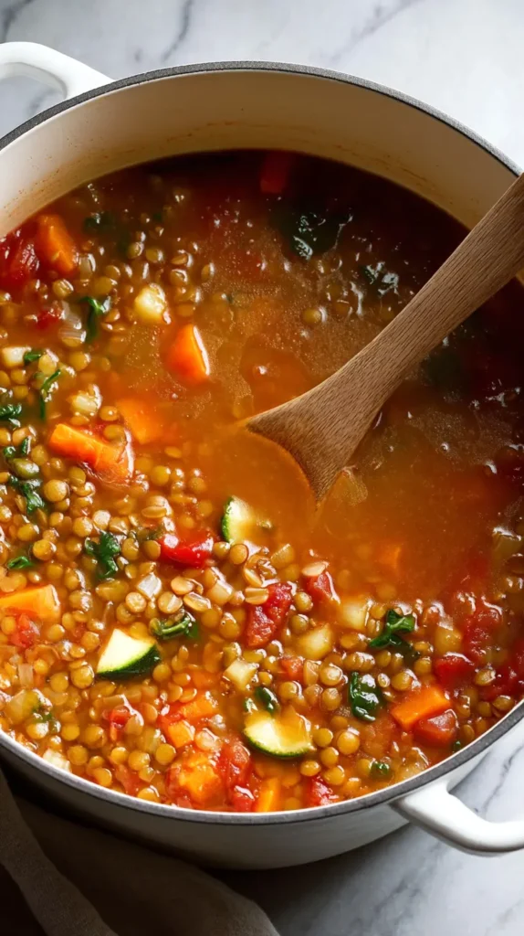 lentil vegetable soup, overhead shot