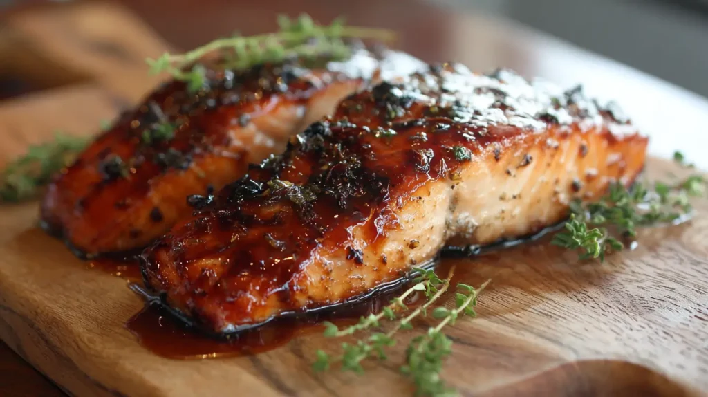 maple glazed salmon on wodden board