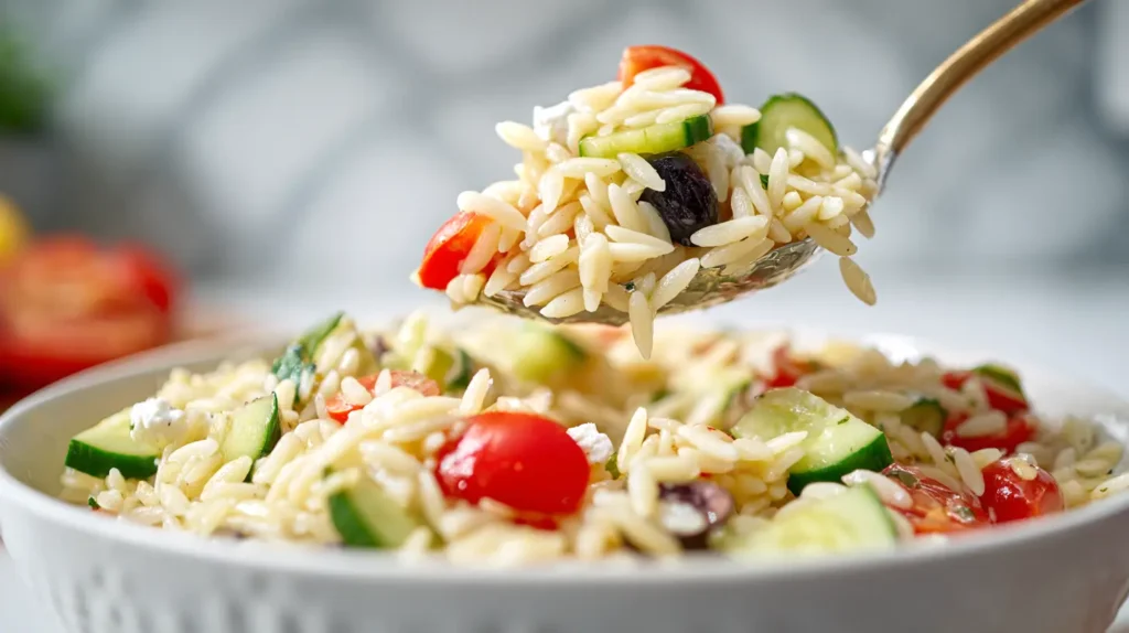 spoonful of Mediterranean orzo pasta salad