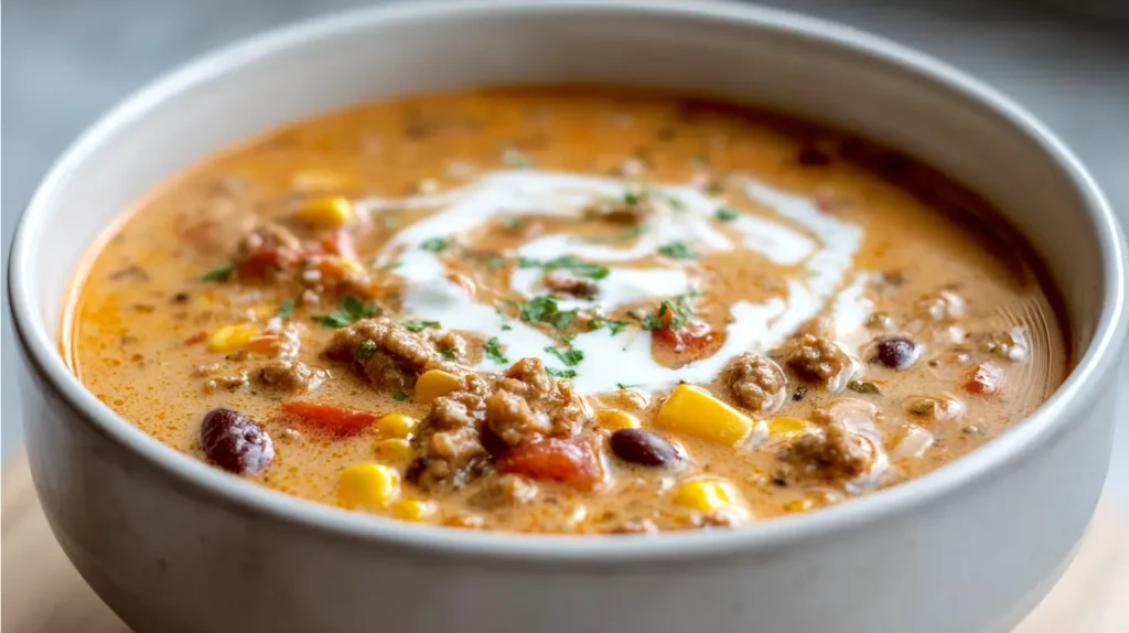 taco soup with sour cream topping