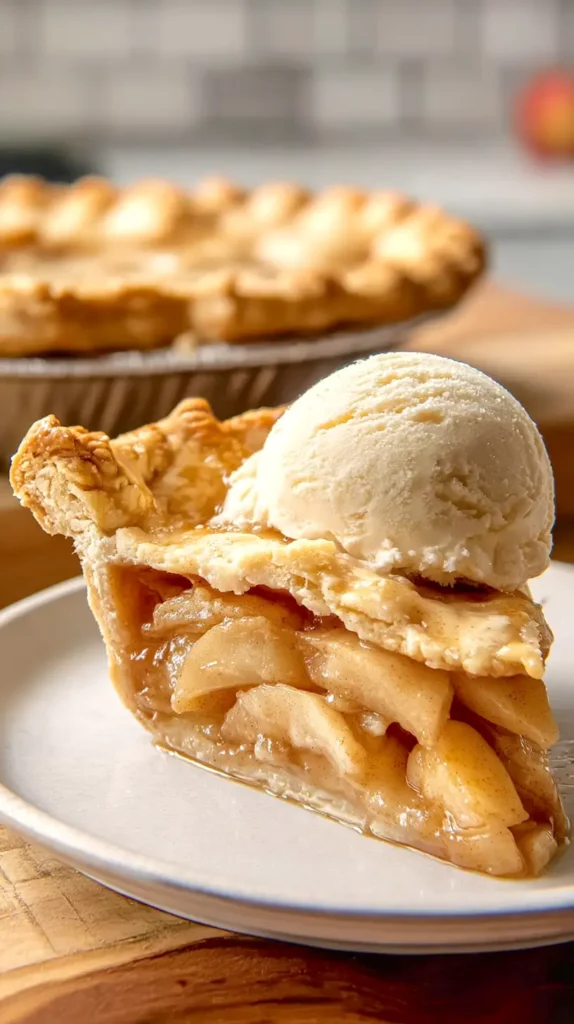 apple pie slice with a scoop of vanilla ice cream on top