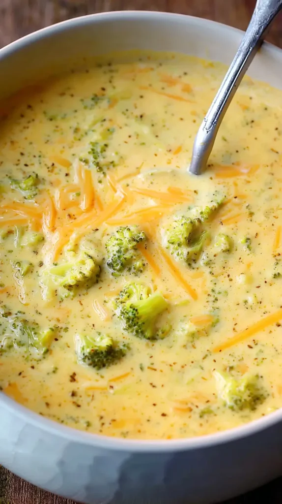 close-up overhead view of broccoli cheddar soup