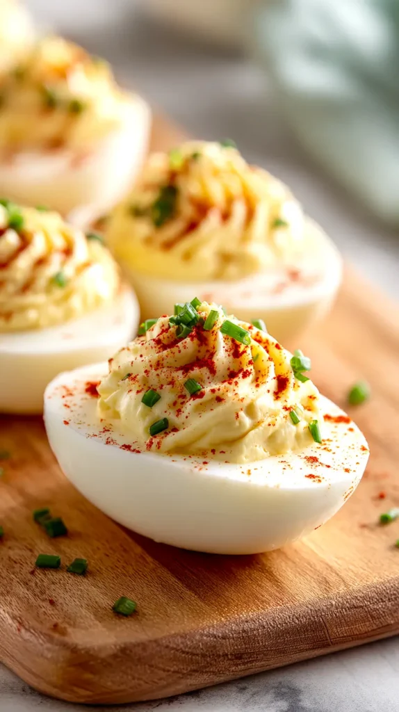 deviled eggs on a wooden board