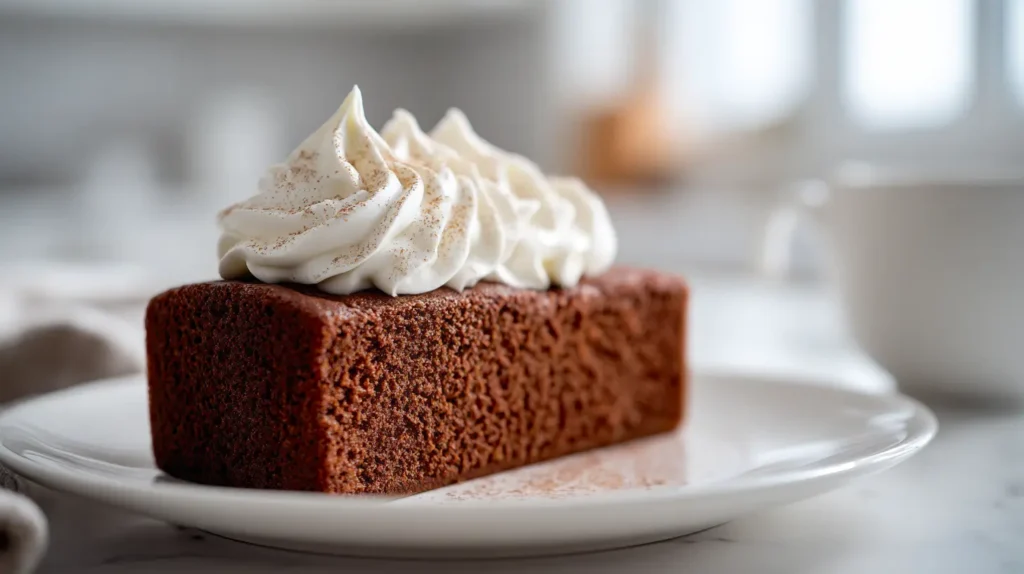 gingerbread cake rectangular slice with whipped cream