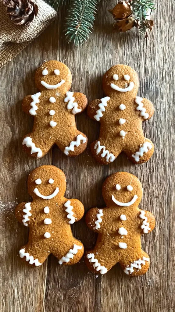 four gingerbread men cookies on a wooden board