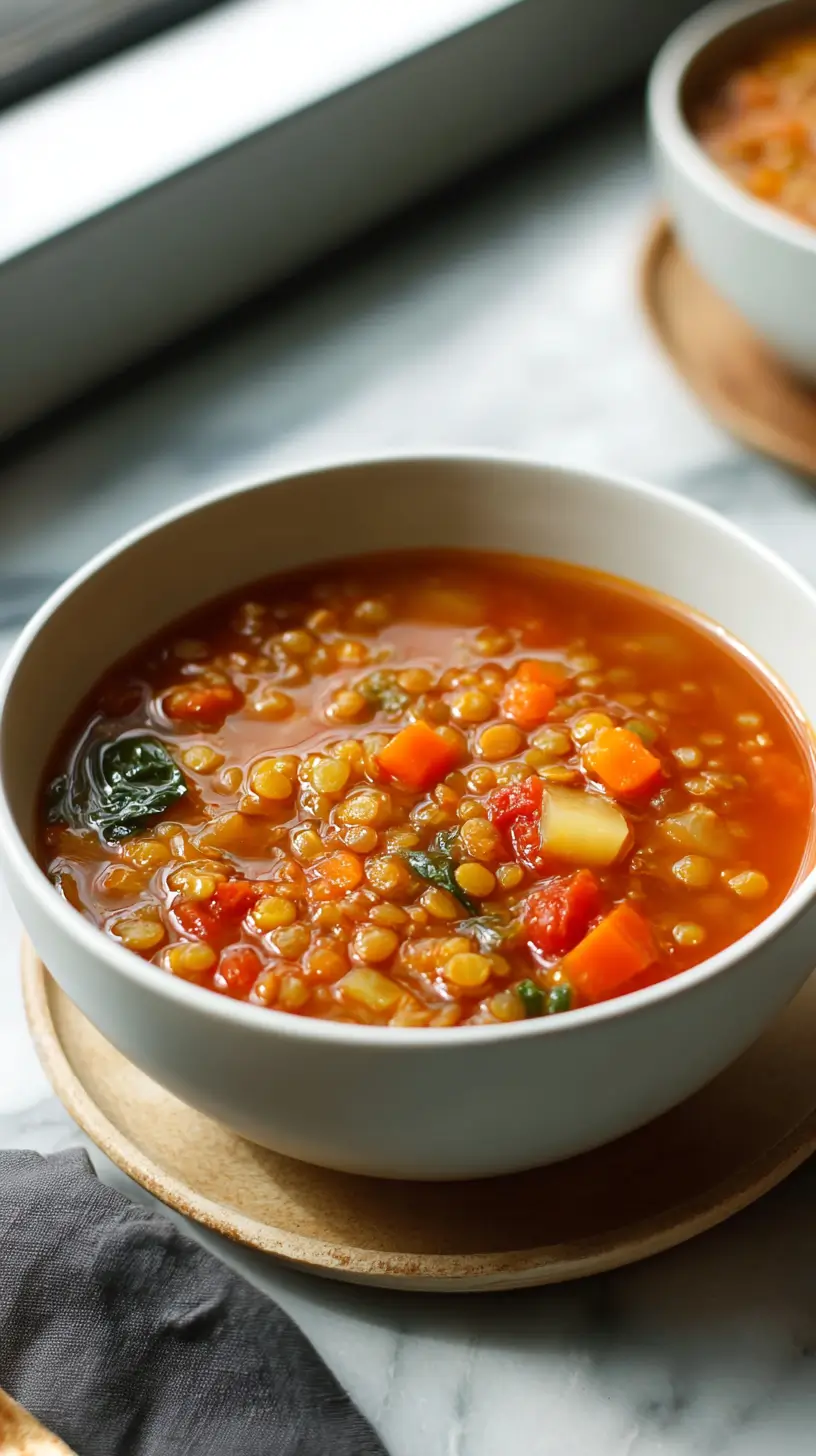 lentil vegetable soup in a small soup bowl