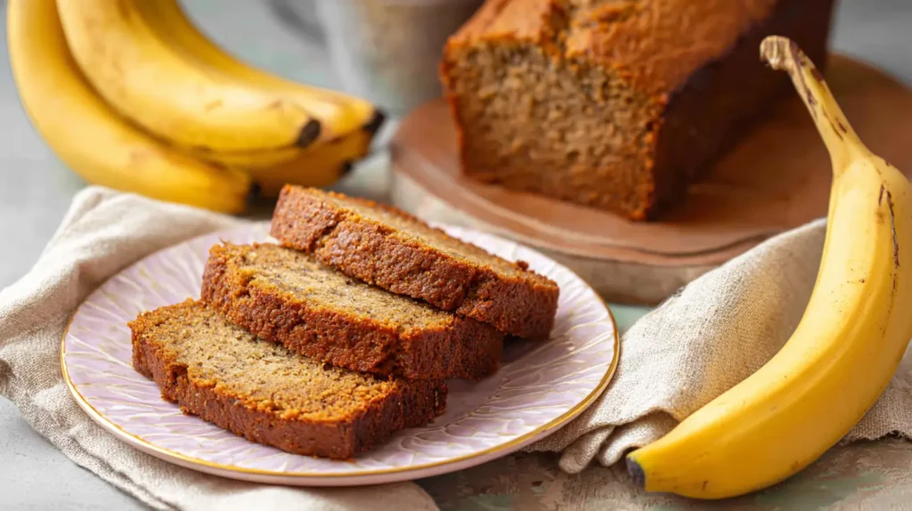 maple banana bread slices on a plate, near bananas