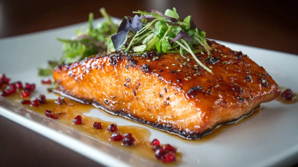 maple glazed salmon on a white plate