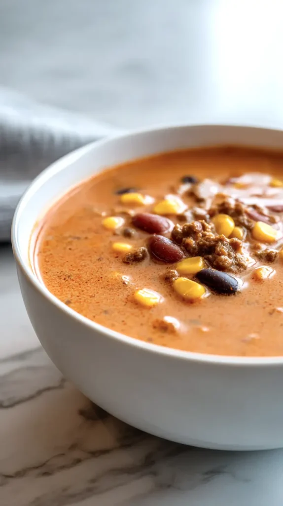 taco soup on the counter in a white bowl