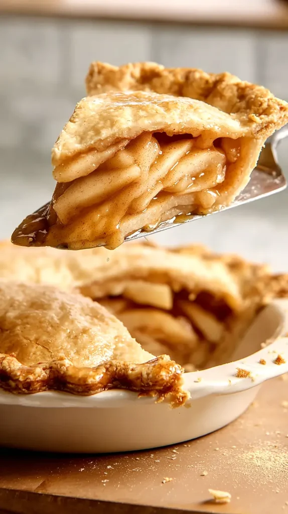 apple pie slice being lifted from the pie pan