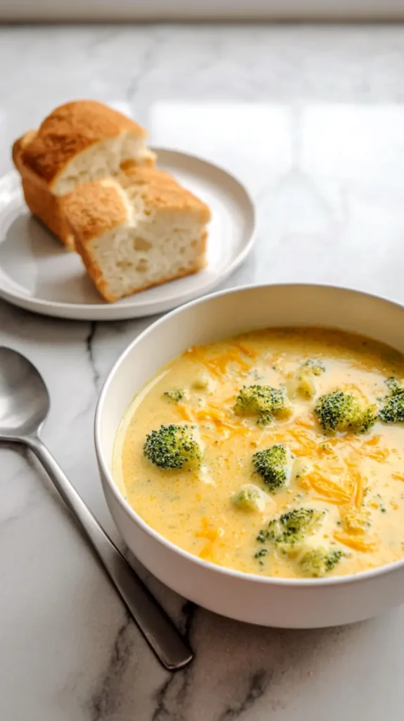 broccoli cheddar soup with a side of bread