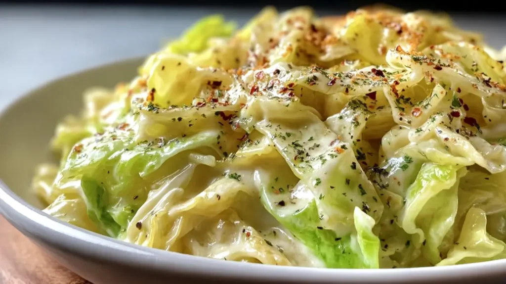 cabbage alfredo on a white plate