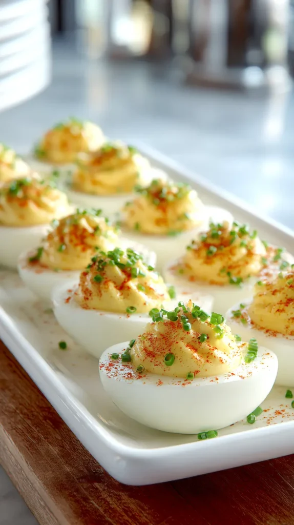 deviled eggs topped with chopped chives and paprika