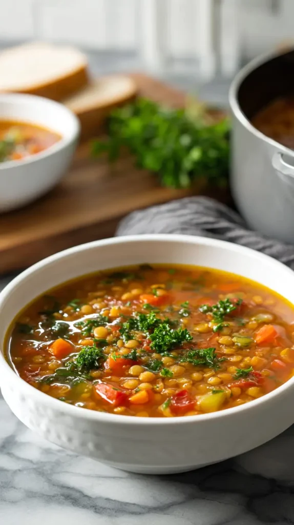 bowl of lentil vegetable soup