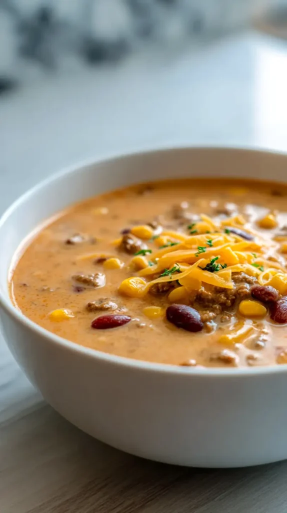 taco soup in a white bowl