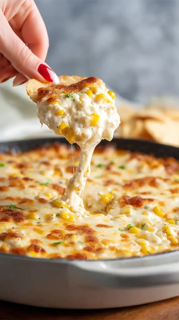 female hand dipping a chip into a dish of corn dip with melted cheese on the top