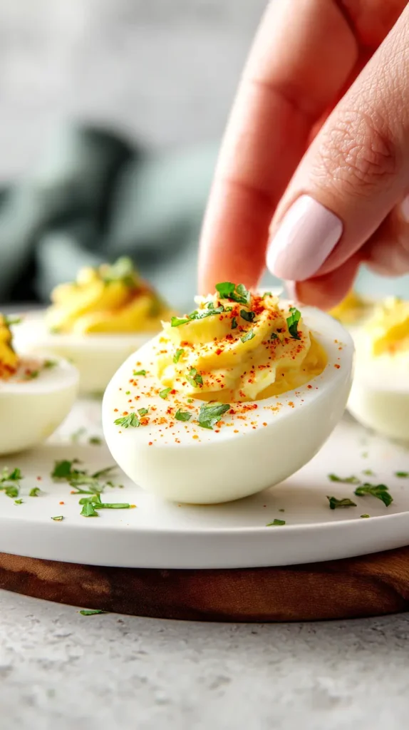 female picking up a deviled egg on the plate