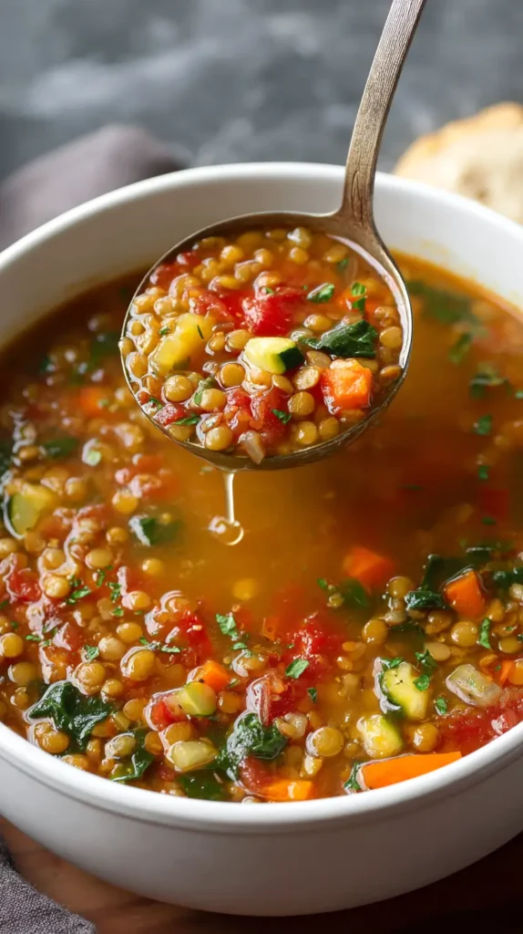 lentil vegetable soup being scooped up with a spoon