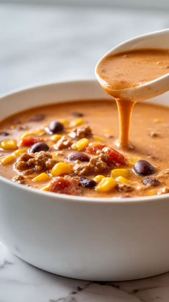 taco soup with ladle white spoon