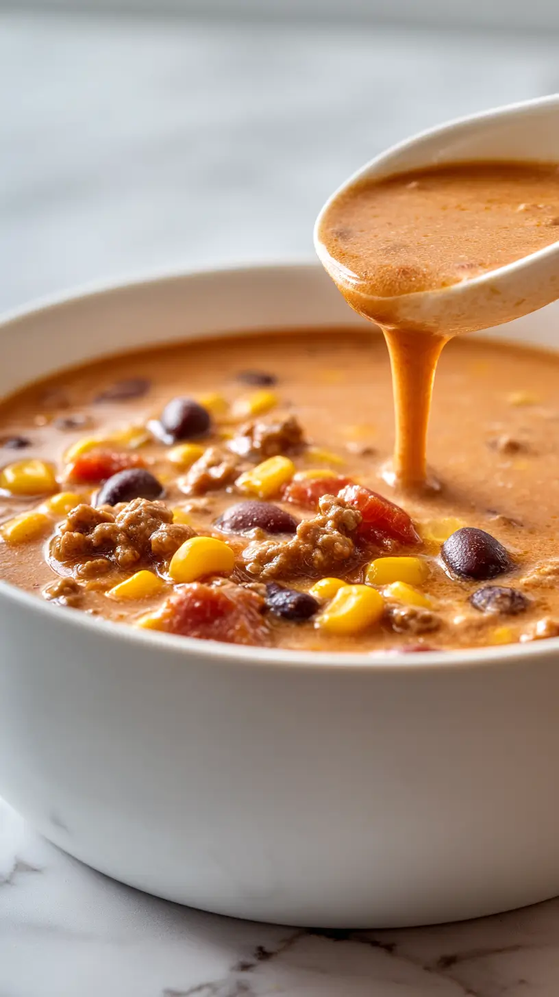 taco soup with ladle white spoon
