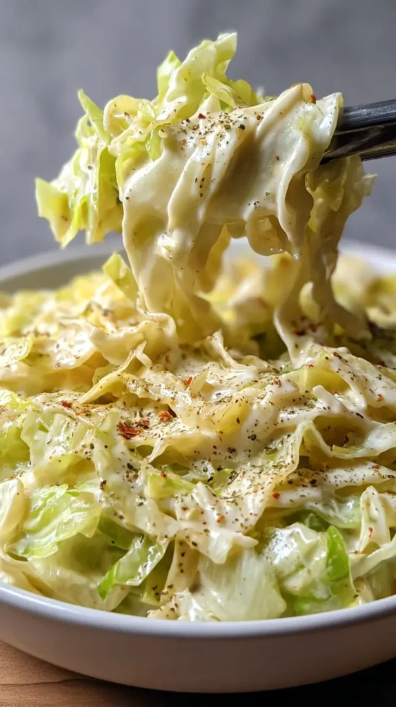 cabbage alfredo being picked up with a tong