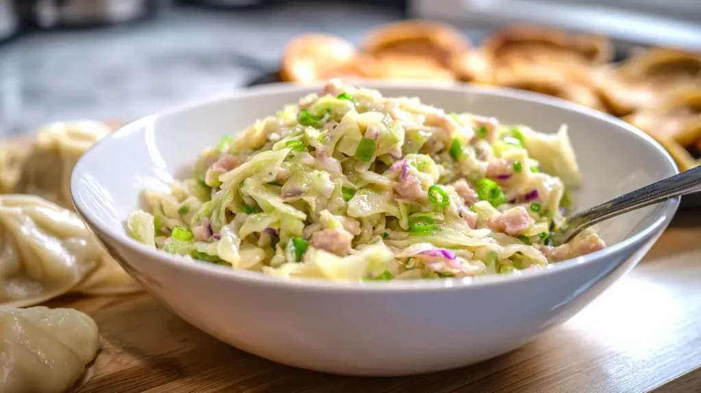 mixture in a white bowl in the kitchen, greens and prok
