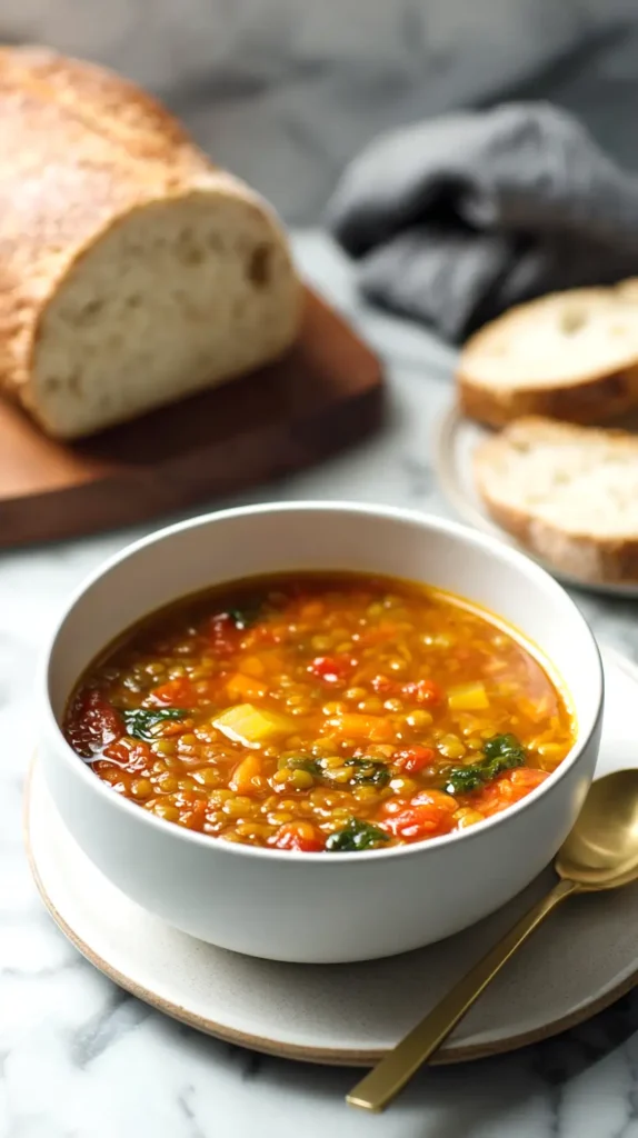 lentil vegetable soup, bread loaf and slices in the background