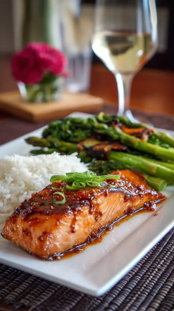 maple glazed salmon with rice, greens, and a glass of white wine