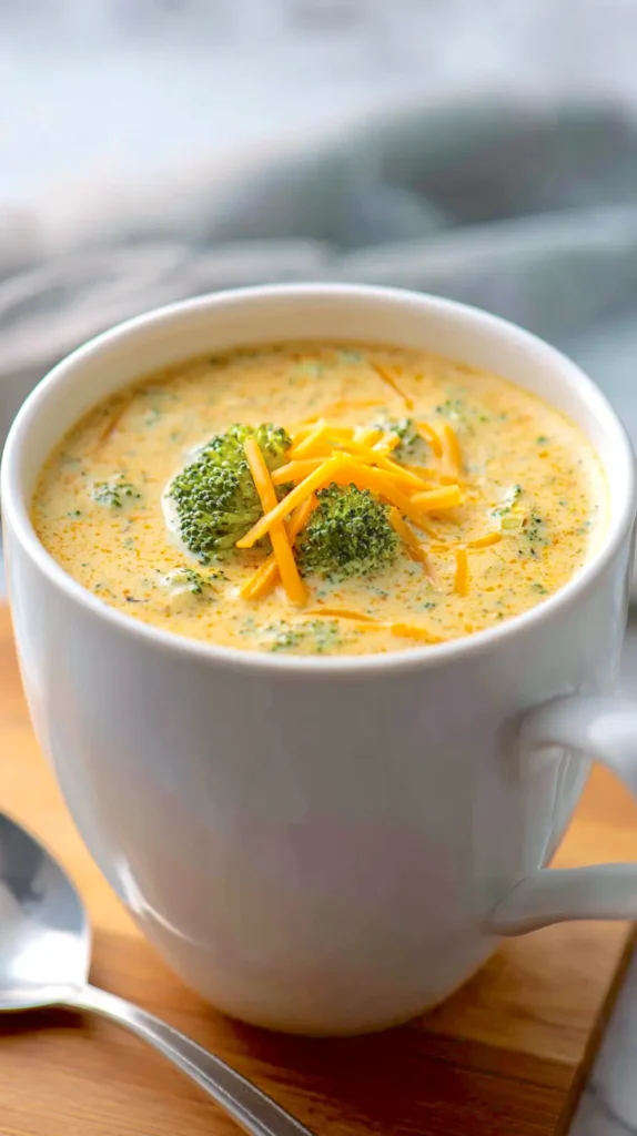 broccoli cheddar soup in a mug