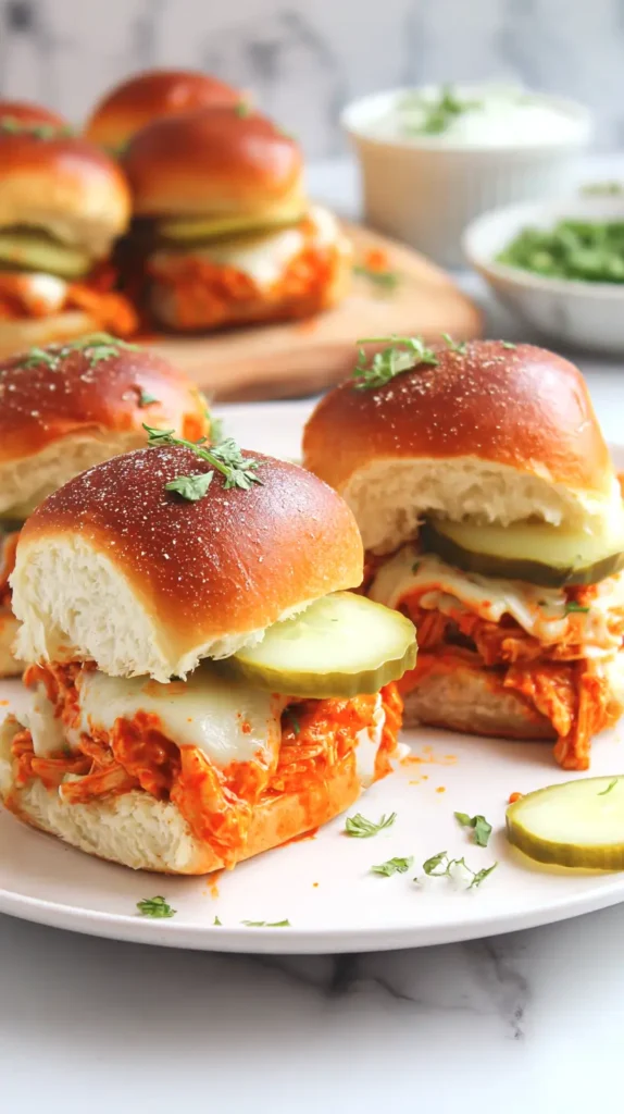 buffalo chicken sliders with dill pickle slices