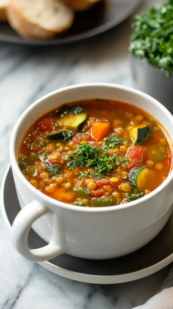 lentil vegetable soup served in a white mug